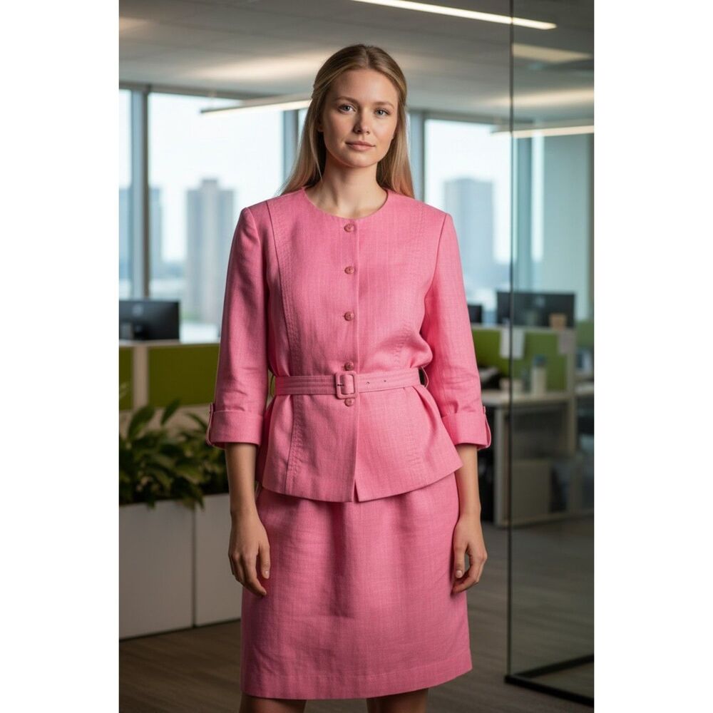 VVintage Leslie Fay Petites 2 Piece Skirt Suit Coral Pink Belted Separates Set